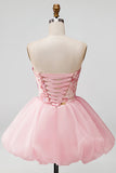 Vestido de bienvenida rosa de lentejuelas florales sin tirantes A-Line