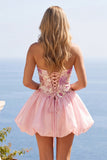 Vestido de bienvenida rosa de lentejuelas florales sin tirantes A-Line