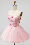 Vestido de bienvenida rosa de lentejuelas florales sin tirantes A-Line