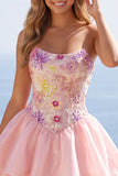 Vestido de bienvenida rosa de lentejuelas florales sin tirantes A-Line