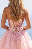 Vestido de bienvenida rosa de lentejuelas florales sin tirantes A-Line