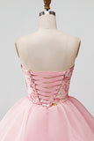 Vestido de bienvenida rosa de lentejuelas florales sin tirantes A-Line
