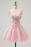 Vestido de bienvenida rosa de lentejuelas florales sin tirantes A-Line