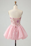 Vestido de bienvenida rosa de lentejuelas florales sin tirantes A-Line