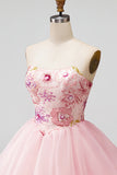 Vestido de bienvenida rosa de lentejuelas florales sin tirantes A-Line