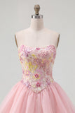 Vestido de bienvenida rosa de lentejuelas florales sin tirantes A-Line