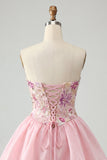 Vestido de bienvenida rosa de lentejuelas florales sin tirantes A-Line