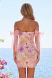 Vestido de bienvenida rosa bodycon con lentejuelas rosas, con lentejuelas descubiertos y lazo