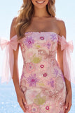 Vestido de bienvenida rosa bodycon con lentejuelas rosas, con lentejuelas descubiertos y lazo
