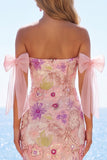 Vestido de bienvenida rosa bodycon con lentejuelas rosas, con lentejuelas descubiertos y lazo