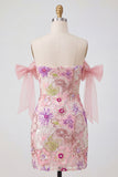 Vestido de bienvenida rosa bodycon con lentejuelas rosas, con lentejuelas descubiertos y lazo