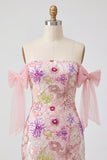 Vestido de bienvenida rosa bodycon con lentejuelas rosas, con lentejuelas descubiertos y lazo