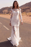 Vestido de novia bohemio transparente de manga larga y encaje sirena marfil