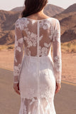 Vestido de novia bohemio transparente de manga larga y encaje sirena marfil