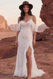 Vestido de novia bohemio con volantes de encaje y marfil de encaje frío