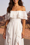 Vestido bohemio bohemio con volantes en línea marfil al descubierto