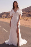 Vestido de novia bohemio de manga corta sirena de marfil de encaje