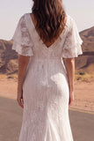 Vestido de novia bohemio de manga corta sirena de marfil de encaje