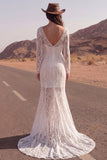 Vestido de novia bohemio de manga larga sirena de manga larga y marfil de encaje