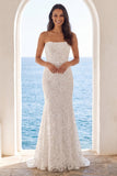 Vestido de novia sin tirantes de marfil sirena floral con cola