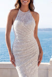 Vestido de novia de sirena arrugado de marfil con lentejuelas