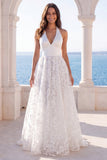 Vestido de novia de cola en línea A con escote en V y escote en V