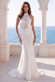 Vestido de novia con cola floral sirena marfil con marfil halter