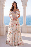 Corsé floral marfil de hombros descubiertos Vestido de novia A Line