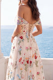 Corsé floral marfil de hombros descubiertos Vestido de novia A Line
