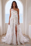Vestido de novia sirena floral estampado en marfil de un hombro con abertura