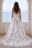 Vestido de novia sirena floral estampado en marfil de un hombro con abertura