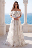 Vestido de novia con volantes en línea marfil marfil descubierto