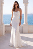 Vestido de novia de tirantes finos de sirena con perlas de marfil