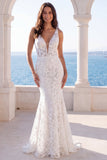 Vestido de novia Bohemio con cola de encaje en V y escote en V de marfil sirena