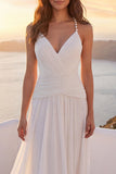 Vestido de novia de playa de vara con escote en V y escote en V con perlas