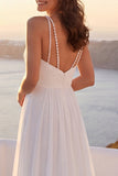 Vestido de novia de playa de vara con escote en V y escote en V con perlas