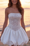 Corsé de marfil brillante Tirantes A Line Short Vestido de novia con lentejuelas