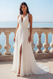 Vestido de novia de cola en V con escote en V y línea en línea con abertura