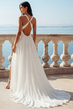 Vestido de novia de cola en V con escote en V y línea en línea con abertura