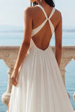 Vestido de novia de cola en V con escote en V y línea en línea con abertura
