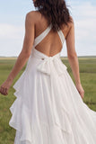 Vestido de novia bohemio de chiffon A Línea Halter Ivory