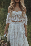 Corsé Marfil de encaje del hombro bohemio vestido de novia