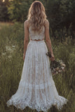Vestido de novia bohemio de dos piezas con volantes de encaje marfil y marfil