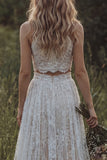 Vestido de novia bohemio de dos piezas con volantes de encaje marfil y marfil