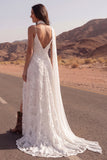 Ivory Spaghetti Straps A Line Appliqued Boho Wedding Dress with Neck Scarf