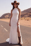 Vestido de novia sirena bohemia de encaje alto de marfil