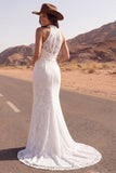 Vestido de novia sirena bohemia de encaje alto de marfil