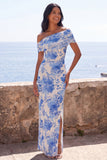 Vestido largo de sirena flor azul con hombros descubiertos y abertura