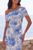 Vestido largo de sirena flor azul con hombros descubiertos y abertura