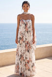 Vestido Maxi floral plisado de chiffon A-Line Sweetheart con bufanda al cuello